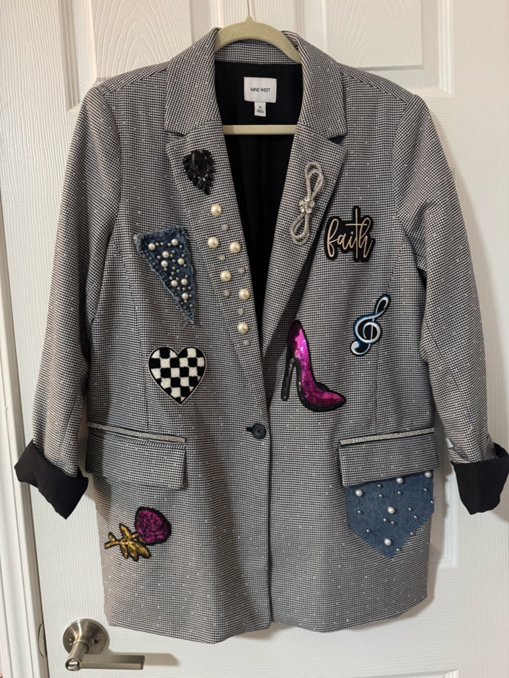 Nine West Black and White Checked Blazer With Embellished Patches XL